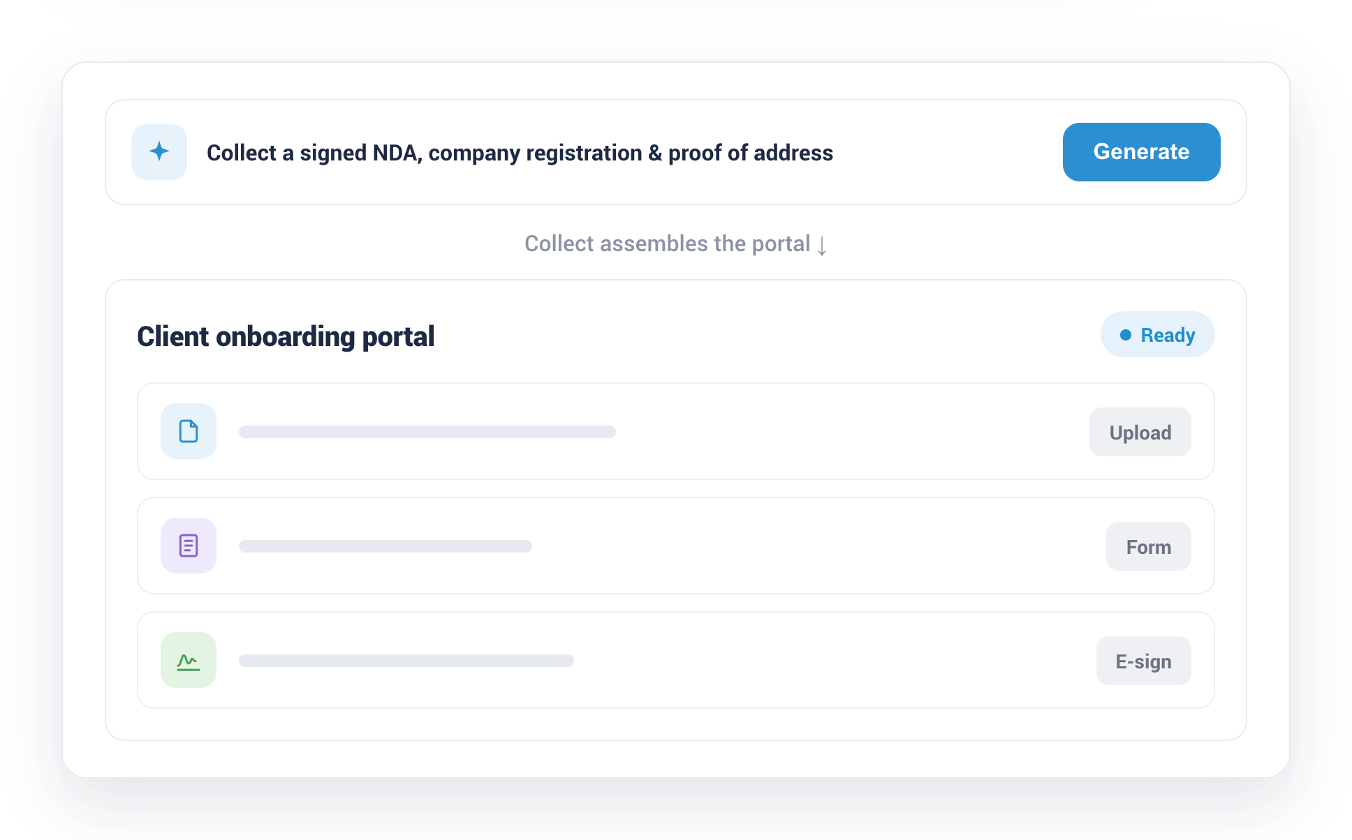 Collect's AI portal builder turning a text prompt into a ready client onboarding portal