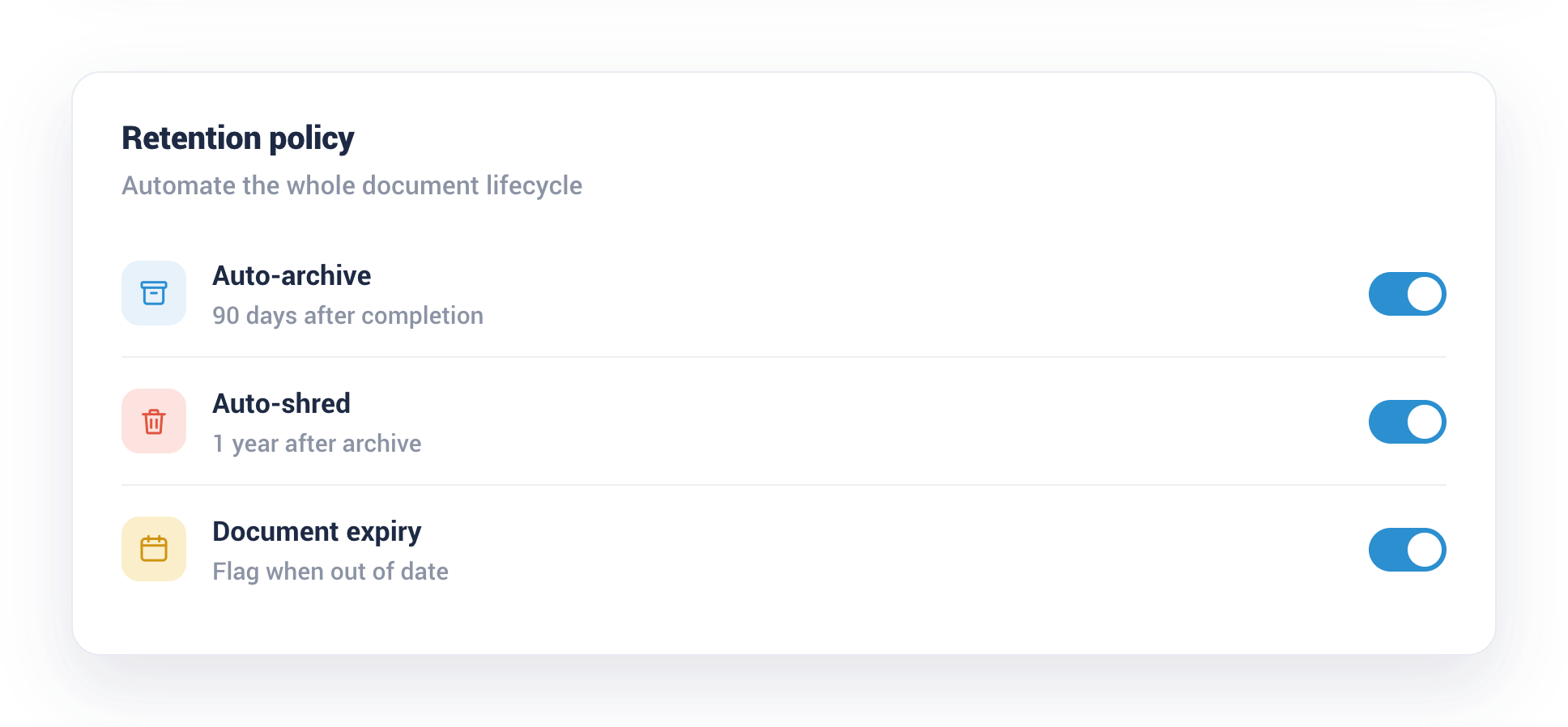 Collect retention policy with auto-archive, auto-shred and document expiry settings