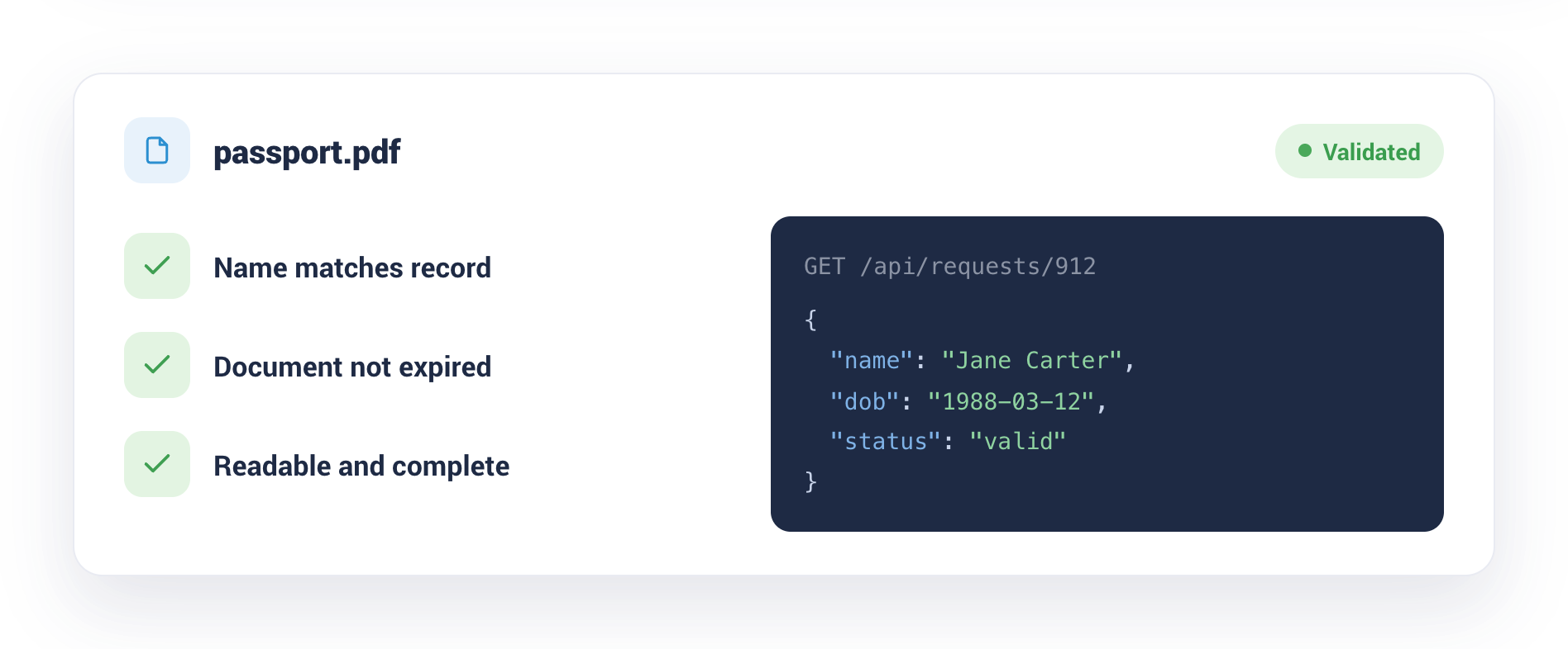 Extracted passport data validated against rules and available over the Collect API