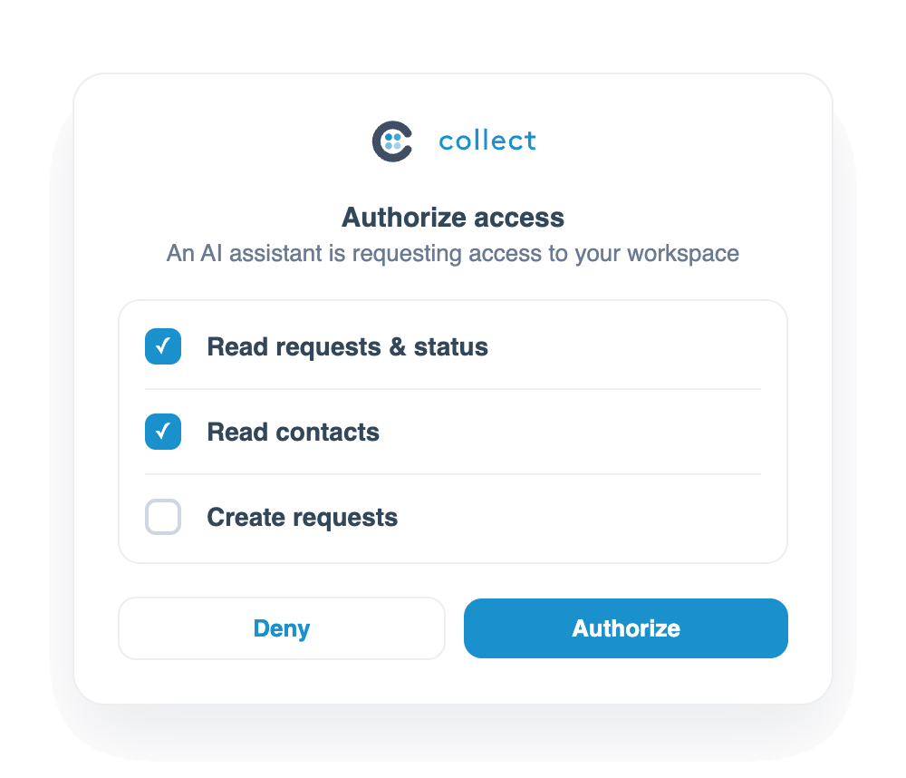 Secure OAuth consent screen granting an AI assistant scoped access to Collect