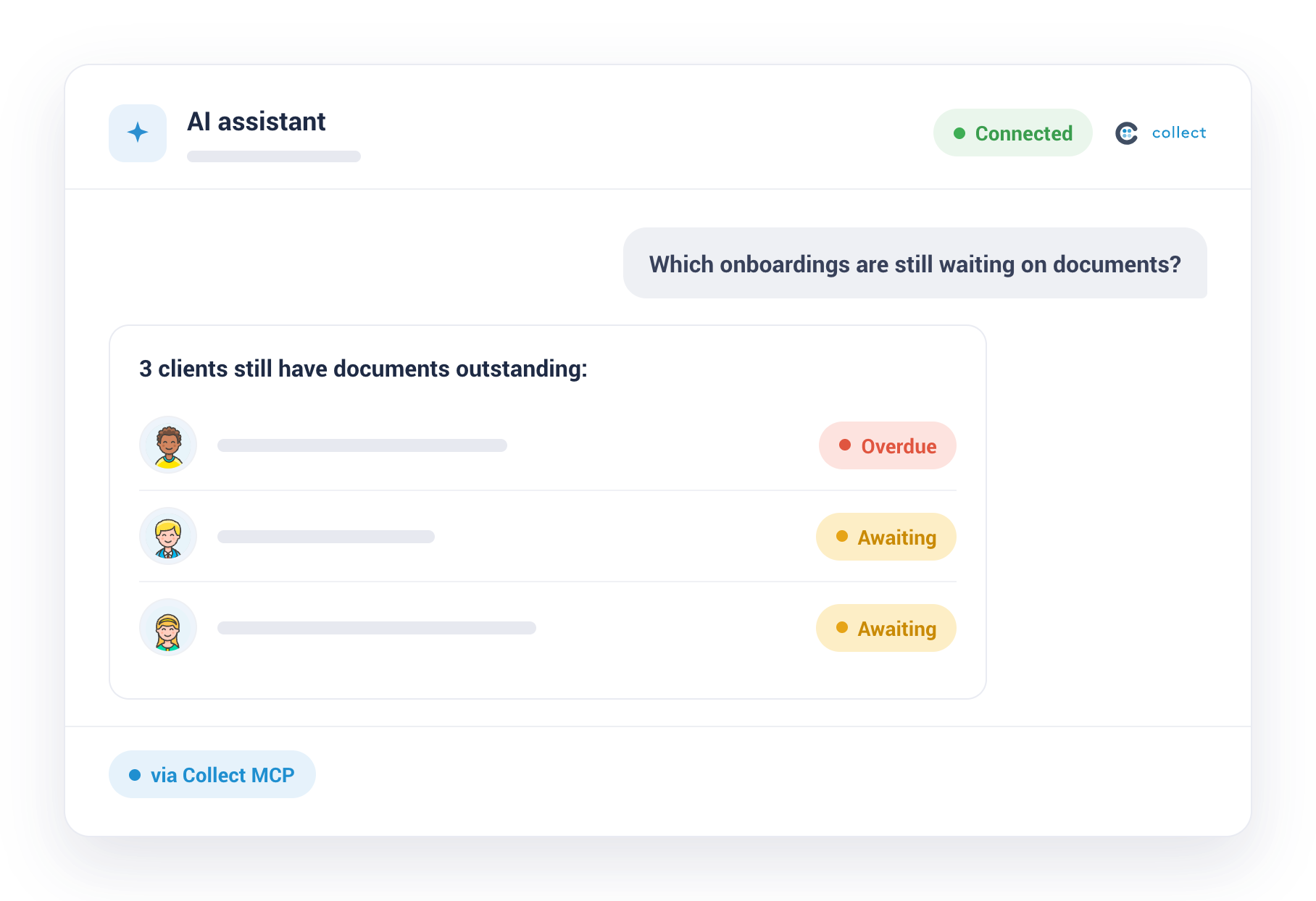 An AI assistant connected to Collect answering questions about client requests over MCP