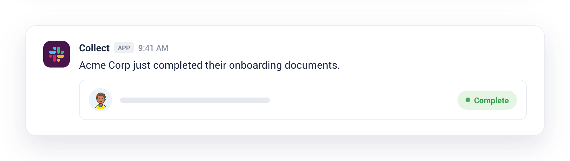 A Collect notification posted in Slack when a client completes onboarding