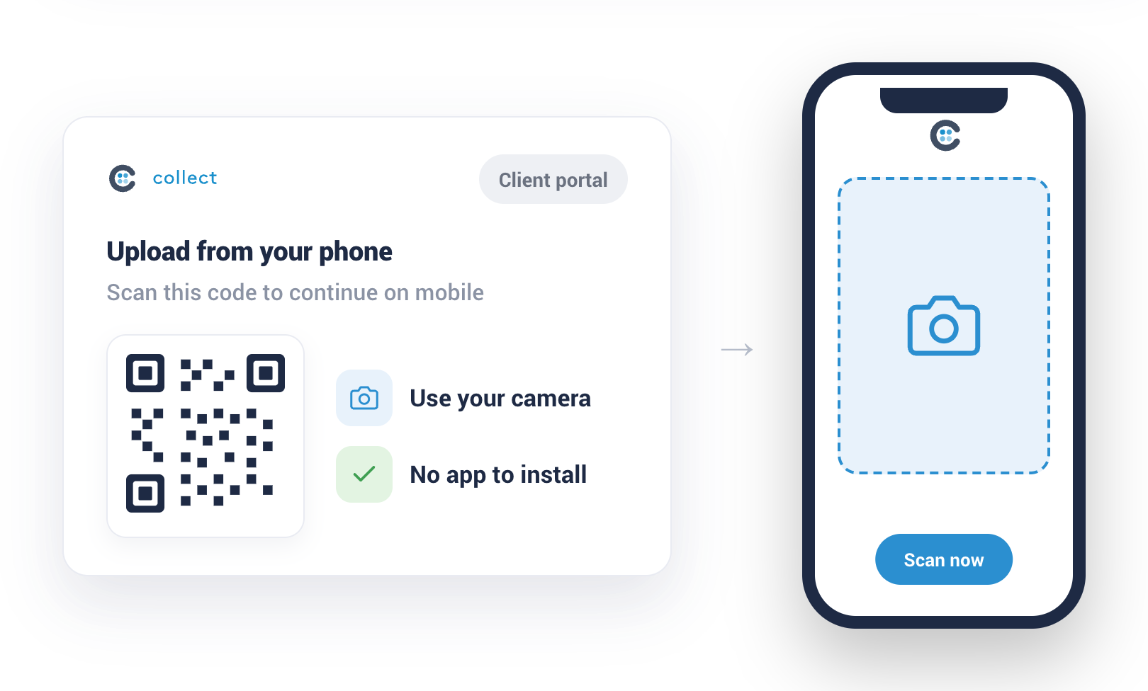 A desktop portal showing a QR code to continue scanning on a phone