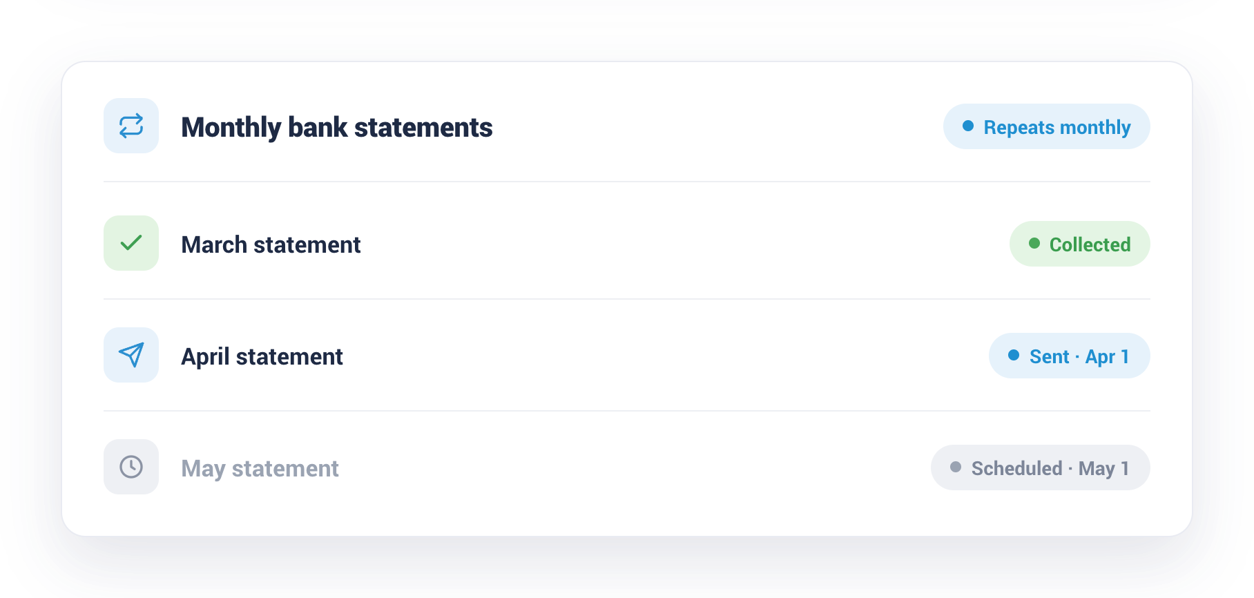 A recurring monthly document request collecting client statements automatically in Collect