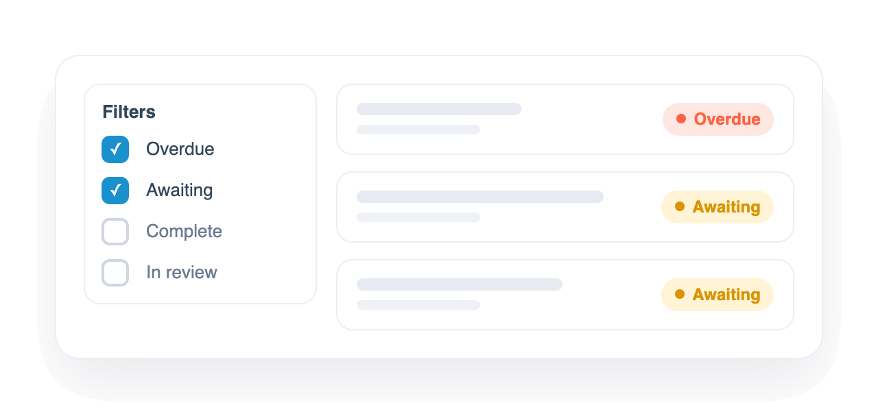 Filtering document requests by status, owner and due date in Collect