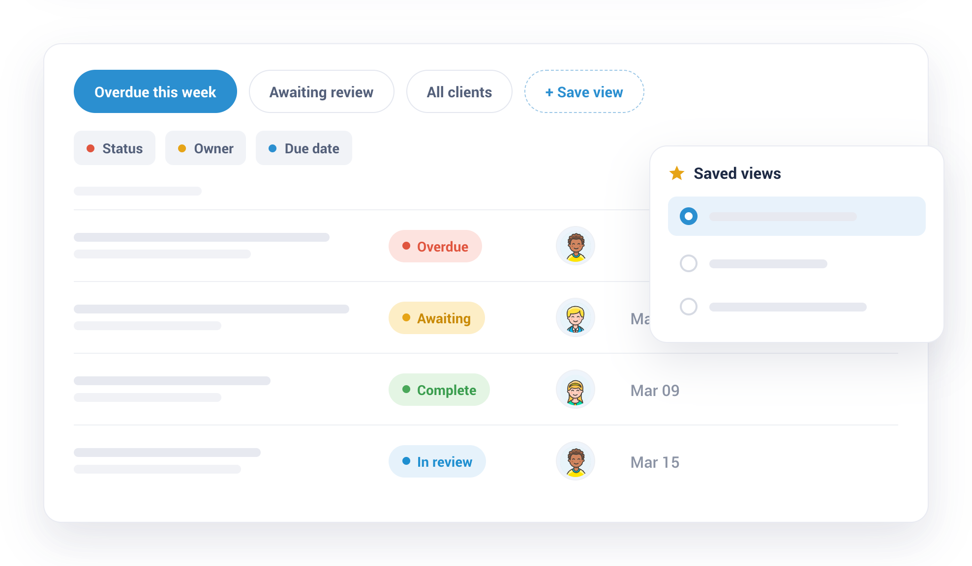 Saved, filtered views of client document requests in Collect