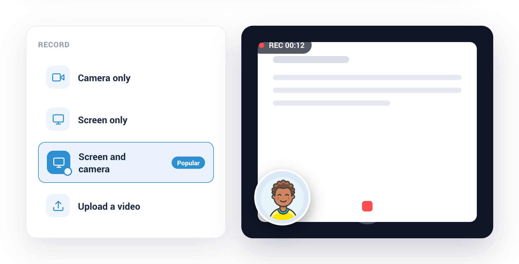 Collect's video recorder with camera, screen, and screen plus camera modes